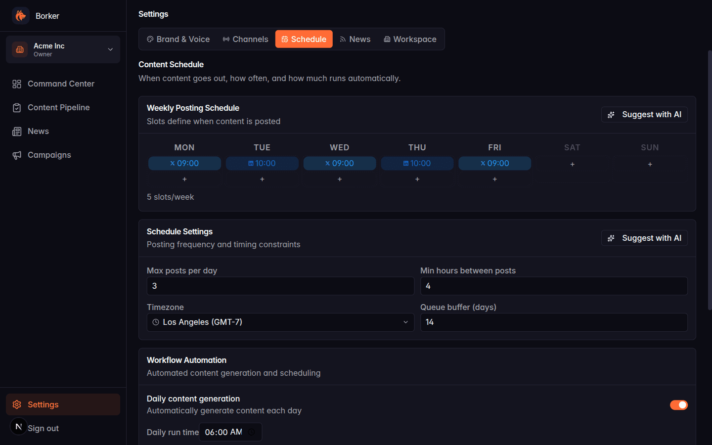Schedule settings with daily generation toggle