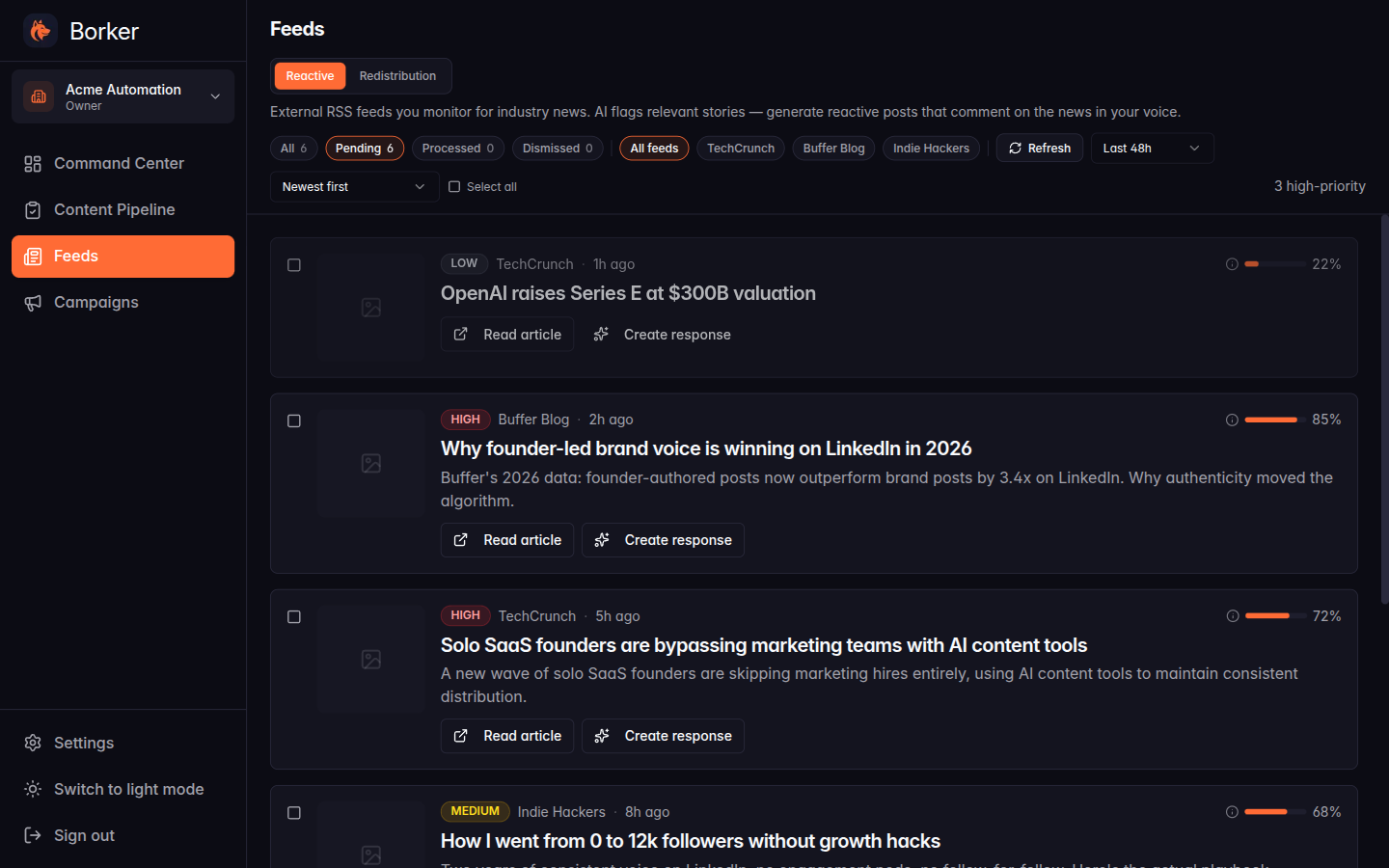 Feeds page showing news cards sorted newest-first with relevance scores